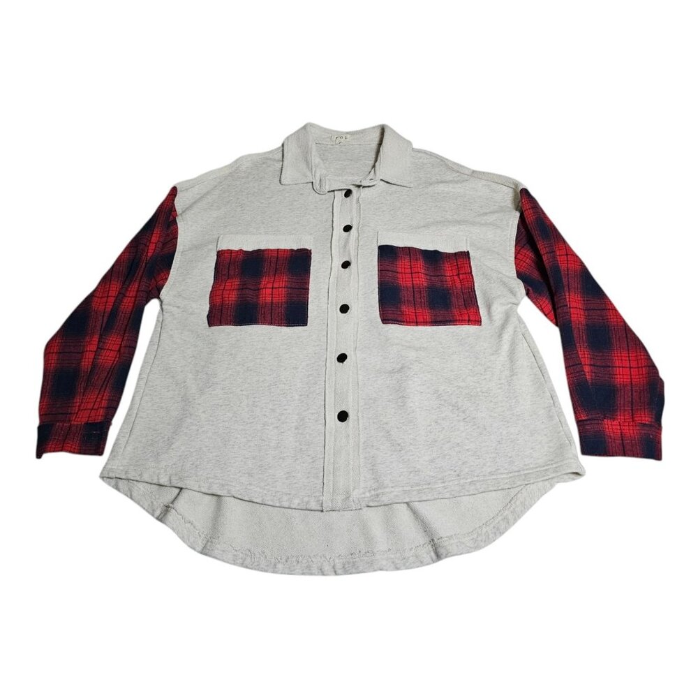 Pol‎ Shacket Snowing On Plaid Womens S Oversized Button Up Ivory Red Buffalo